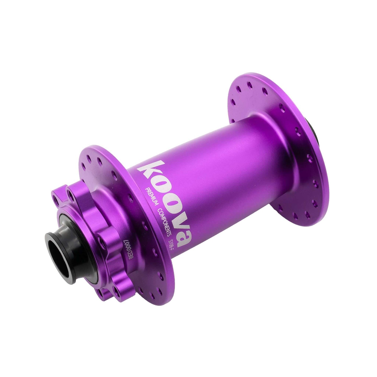 Koova purple bike hub with precision design, 15*110mm width, compatible with 6-bolt brake systems, ideal for mountain bikes.